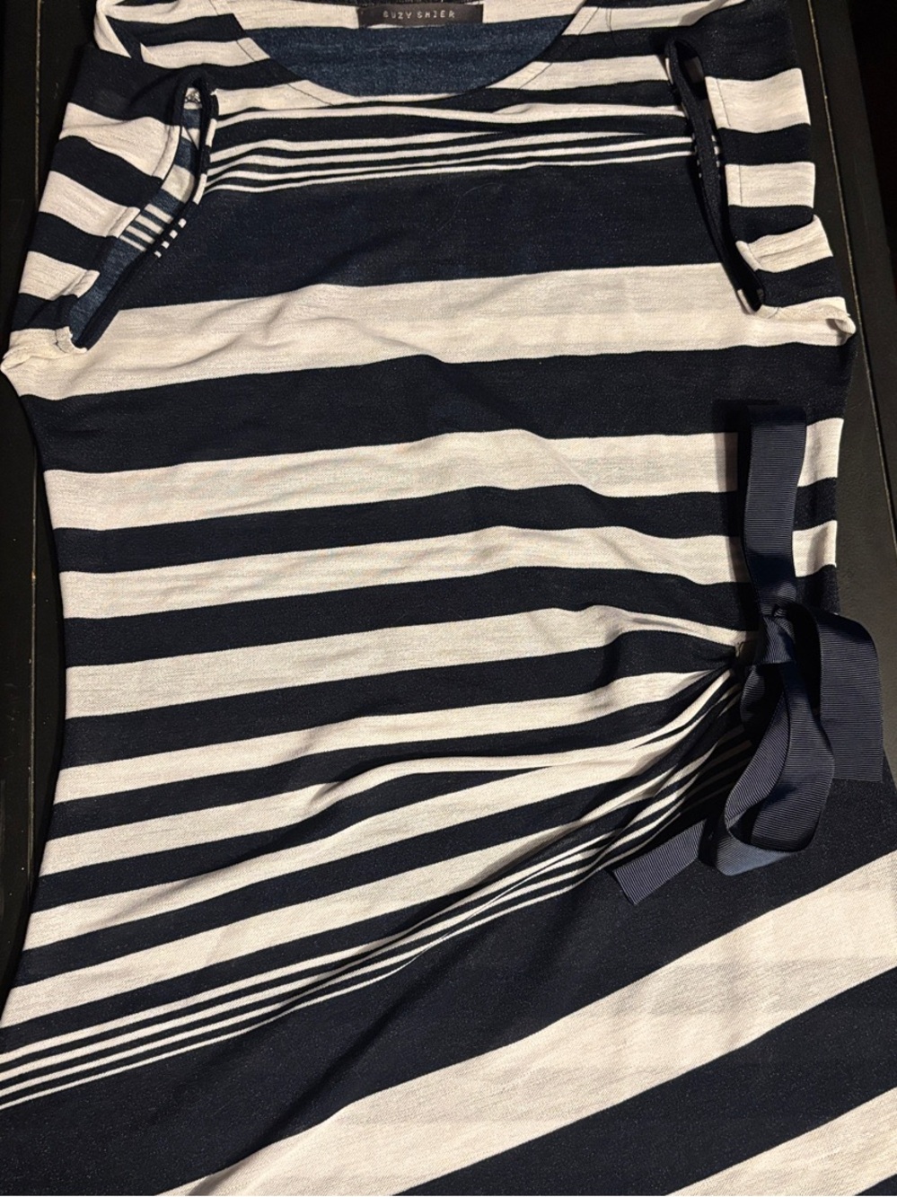 Suzy Shier Navy and White Striped Tie-Detail Top